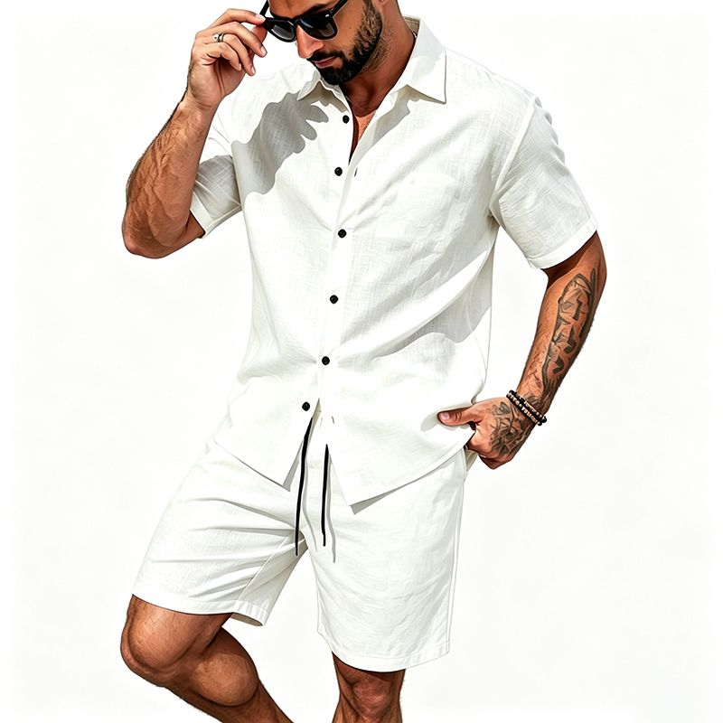 Men Linen Two Piece Outfit Sho - Linen Shirt Breathable review and price