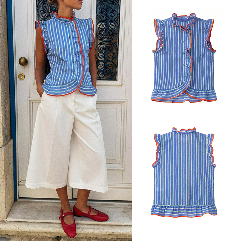 Women's blue vertical striped  - Shirt Camp Collar review and price